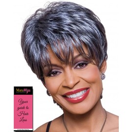 Kathy Wig Color 3T280 - Foxy Silver Wigs Short Textured Pixie Tapered Layers Wispy Bangs African American Lightweight Average Cap Bundle w/MaxWigs Hairloss Booklet