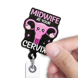 KANGYUSO Cute Uterus Retractable Badge Reel, Midwife at Your Cervix Black Glitter Badge Reel with Alligator Clip, Midwife Gifts, Funny ID Card Holder Gifts for OB/GYN L&D Nurse Doctor Medical Worker