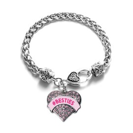 Inspired Silver - #BESTIES Candy Pink - Silver Braided Bracelet for Women - Pink Pave Heart Charm Bracelet Jewelry Gift with Cubic Zirconia - Women's Charm Bracelet with Lobster Claw Clasp