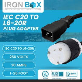 IronBox Electric - Heavy Duty IEC C20 to L6-20R Plug Adapter Power Cord - 12 AWG Jacket - Rated for 20 Amps and 250V - UL Listed Extension Cable - Ideal for Server Racks and Data Centers (5 feet)