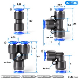 TAILONZ PNEUMATIC 3/8 inch od Push to Connect Fittings Pneumatic Fittings kit 5 Spliters+5 Elbows+5 tee+5 Straight (20 pcs)