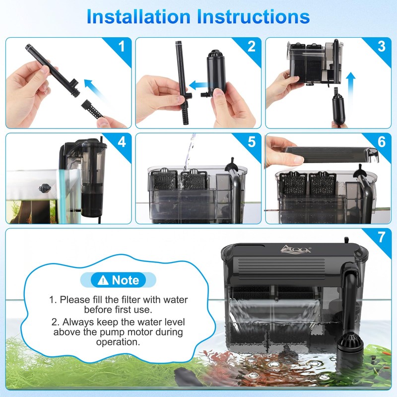 AQQA Aquarium Hang on Back Filter Whisper Fish Tank HOB