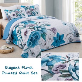 Drucon Blue Floral Quilt Set Queen 3 Pieces Boho Flower Quilt Coverlet Set Soft Microfiber Lightweight Floral Quilted Bedspread with 2 Pillow Shams for All Season 90"x96"