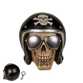OOTB Skull Money Box with Sunglasses and Motorcycle Helmet, Black, White, One Size