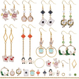 SUNNYCLUE 1 Box DIY 8 Pairs Alice Enamel Earring Making Kit Long Pentagram Alarm Clock Poker Rabbit Earrings Jewellery Making Accessories for Women Girls Adults Golden