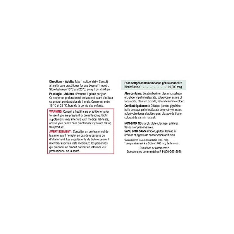 Jamieson 10 x Stronger Biotin 10,000mcg, 120 softgels