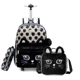 Oruiji Cute Rolling Backpack for Girls Backpack with Wheels Sequin Kids Wheeled Backpack with Lunch Box for Preschool Elementary Girls Trolley Suitcase Luggage for Kids 8-12