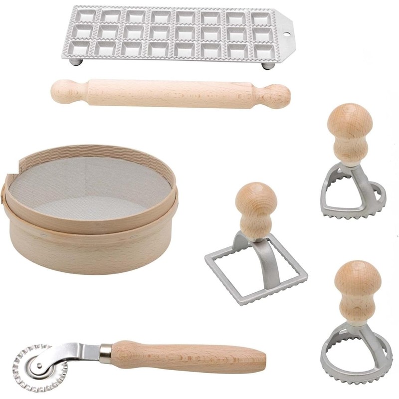 Bisetti 7 Piece Complete Pasta Kit for Ravioli Including: Rolling