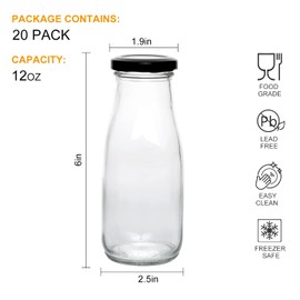 QAPPDA 12 oz Glass Bottles, Clear Glass Milk Bottles with Black Metal Airtight Lids, Vintage Breakfast Shake Container, Vintage Drinking Bottle with Whiteboard Labels and Pen for Party,Kids,Set of 20