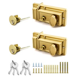 QWORK Night Latch Deadbolt Rim Lock with Key, 2Pack Gold Finish Antique Style Lock with Front Door Key