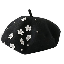 Brcus Kids Girls Wool Felt Flowers Beret Hat French Artist Beanie Cap Black