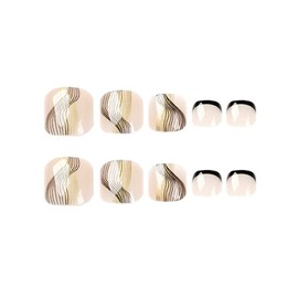 Resweky 24 Pieces Press on Toenails Square Nude Pink Full Cover Fake Toenails Short Black Line French Fake Toenails Naked Nails for Women Teens Girls