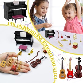 Miniature Accessories, Dollhouse Mini Musical Instrument Model Set, Miniature Dollhouse Set, 1:12 Piano Violin Electric Guitar Trumpet Saxophone Model Accessories for Dollhouse Mini Music Room