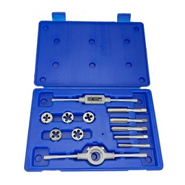 Drill America 12 Piece NC HSS Round Tap and Die Set (1/4-1/2) with 1 OD Round Dies and Handles