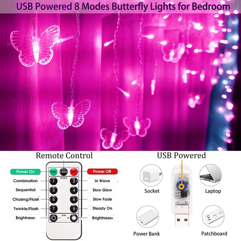 Lainin 12ft/3.5M USB Powered 8 Modes Butterfly Curtain Night Light