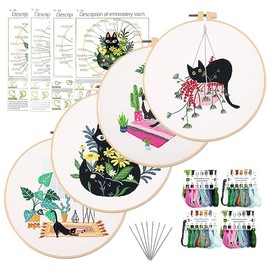 OmeHoin 4pcs Embroidery Kit for Beginners, Cat Pattern Embroidery Starter Kits for Adults, Include Embroidery Clothes with Pattern Embroidery Hoops and Instructions, Cross Stitch Set for Adults