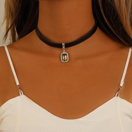 Chargances Vintage Black Velvet Leather Short Choker Gothic Colorful Crystal Rhinestone Pendant Necklace Prom Gift Jewelry for Women and Girls, open size, Rhinestone, Crystal
