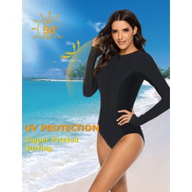 SELINK Women's Long Sleeve Rash Guard UV Protection Zipper Printed Surfing One Piece Swimsuit Bathing Suit Pure Black L