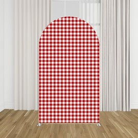KONPON Red and White Plaid Backdrop Arched Fabric Cover Cherry Theme Stretchy Arch Stand Cover for Birthday Baby Shower Party Decoration Supplies(Only Cover)