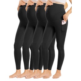 Enerful Womens Maternity Leggings with Pockets Workout Legging Pants Buttery Soft Pregnancy Active Wear Yoga Tights - 4pack Black*4 - Medium