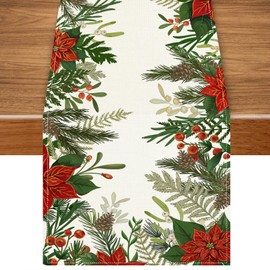 Heirloom Haven Christmas Winter Table Runner, 13x72 inch Red Floral Leaves Holly Pine Cone Xmas Seasonal Holiday Kitchen Dining Table Runners for Home Indoor Mantel Party Farmhouse Decoration