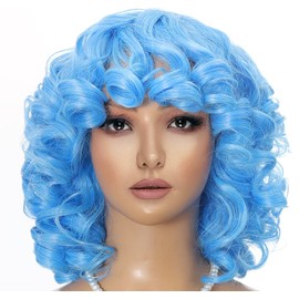 Curly Wig for Black Women Short Afro Wigs with Bangs Soft Big Bouncy Fluffy Kinky Curls wig for Women Heat Resistant Light Blue Afro Wig Cosply (Blue,14Inch)