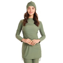 OBEEII Womens Muslim Swimsuits Full Coverage Long Sleeve Swimwear Burkini Hijab Bathing Suit Green B X-Large