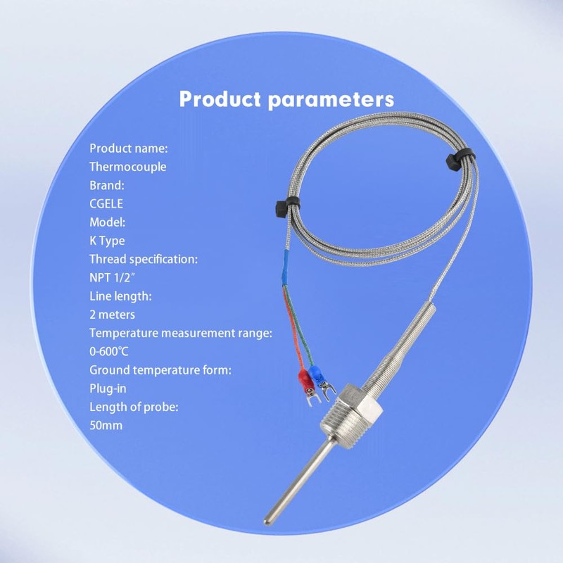 CGELE K-Type Thermocouple Temperature Sensors NPT 1/2"(5×50MM)0~600℃，2M/6.6Ft Wire Probe Length