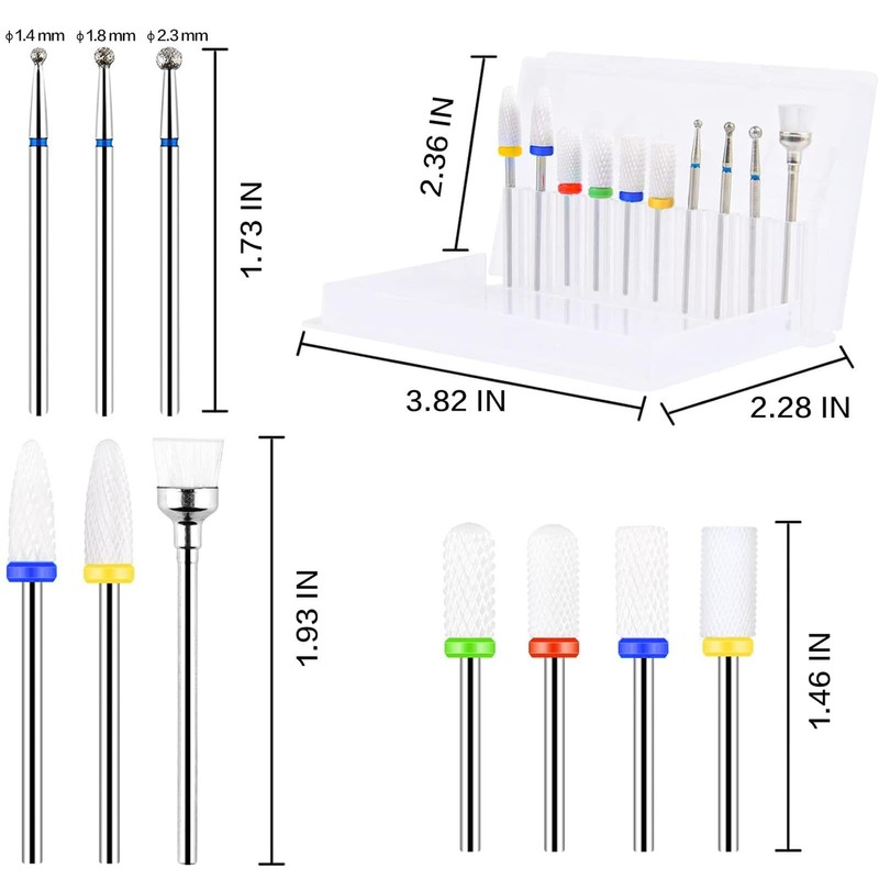 Nail Drill Bits Sets,10pcs Professional 3/32" Diamond Cuticle Electric Nail