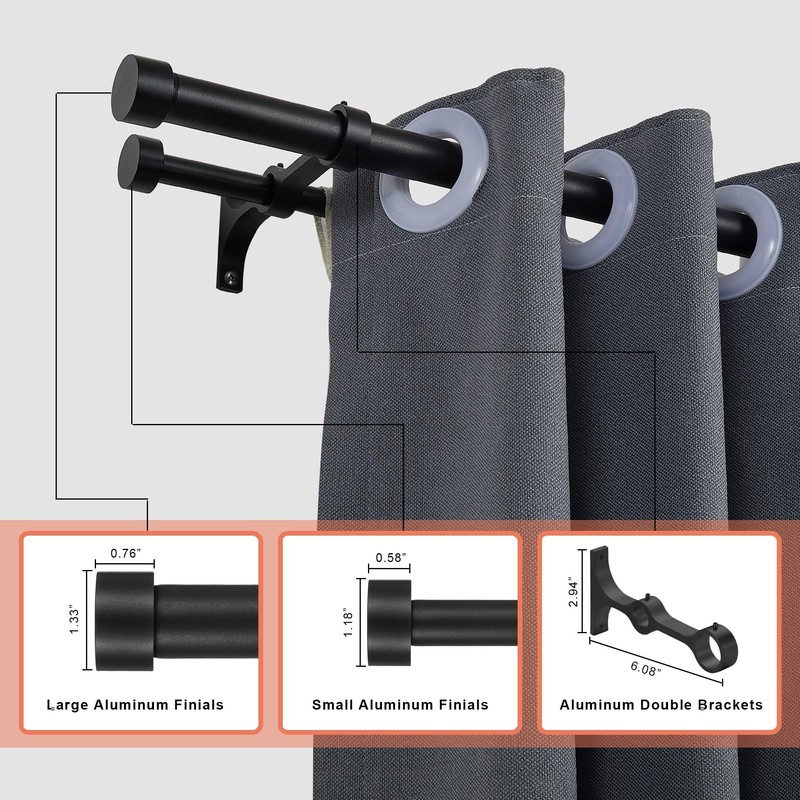Lwiiom Double Curtain Rods with Aluminum End Cap and Full