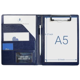 Small Padfolio Clipboard A5 Folder for Writing Pad Refillable 5 x 8 Note pad, Mymazn Faux Leather Clipboard Folder Junior Size Portfolio 5x8 Folio Clip Board (Blue)