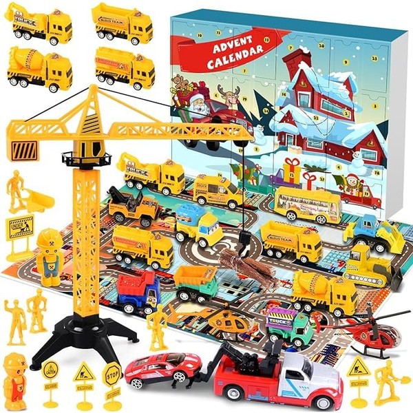 MOVINPE Cars Advent Calendar Kids 2023, 24 Pull Back Vehicles as Construction Vehicles School Cars Crane, Construction Toys, Children's Car Toys for 3-12 Year Old Boys， Surprise Gifts
