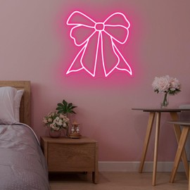 Bow Neon Sign – Aesthetic Ribbon Wall Art for Pink Room, Nursery, & Beauty Salon | Bow Decor LED Neon Light Sign, Girly Bedroom Decor, 14.2" x 14"
