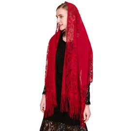 PAMOR Chapel Veil Scarf Mantilla Veils Rectangular Wrap Shawl Mass Head Covering with Fringe Trim (Red)