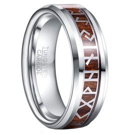 GALANI Silver Tungsten Carbide Rings for Men Women Viking Rune 8mm Wedding Promise Ring with Koa Wood Inlay Friendship Lifestyle Ring for Daily Wear Size P1/2