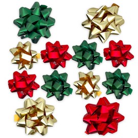 Mijoma Set of Curling Ribbon, Poly-ribbon, Gift Ribbon, Gift Bows for Crafts and Packaging, Glossy and Matt, Assorted (12 Pieces of Gift Bows, Gold, Red, Green)