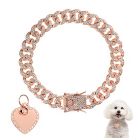 9.84 Inch Dog Chain Collar, Rose Gold Diamond Collar Necklace with Heart Shape Dog Tag Rhinestones Heart Bling Dog Collar Pet ID Tag Chain for Small Medium Large Dogs Cats