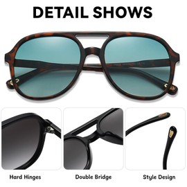 LOJUDI Retro 70s Sunglasses Mens Womens - Polarised Tinted Pilot Vintage Square Double Bridge Glasses UV400 Protection-Leopard/Blue Lens