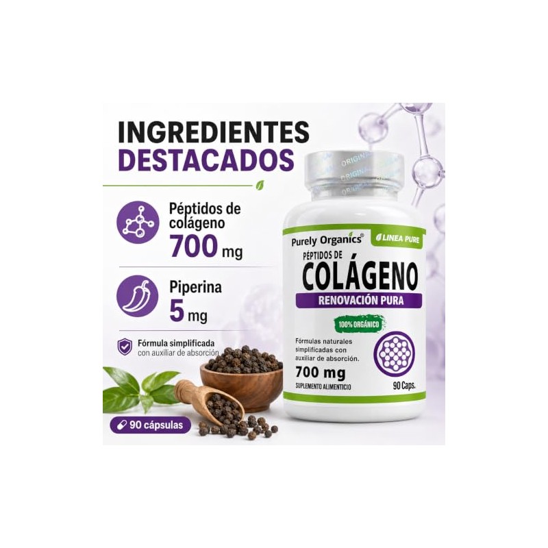 Peptidos Colageno Cápsulas 700 Piperina Alta Absorión Ingredientes Naturales Purely