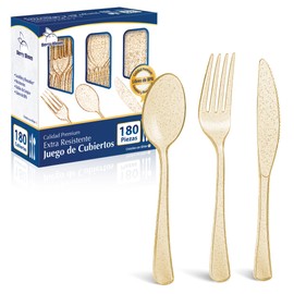 Juego de Cubiertos Premium Reutilizables, 180 piezas Transparentes con Glitter Dorado. Contiene 60 tenedores, 60 cuchillos y 60 cucharas. Elegantes, P