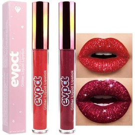evpct- Kit de 2 pintalabios líquidos de larga duración en rojo rubí y rojo oscuro, mate y brillante, para mujer, Diamond