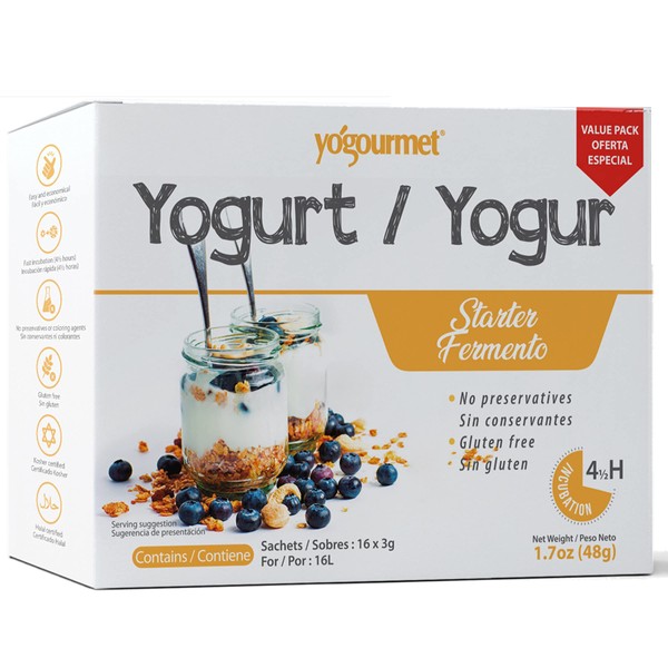 Yogourmet Yogurt Starter (16 Pack) - Make Yogurt at Home - Starter Culture - All Natural, Gluten Free, Kosher, Halal - 3 g Sachets