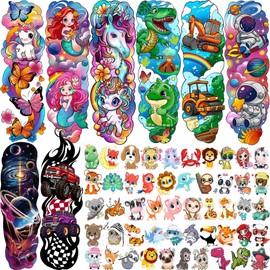 58 PCS Cartoon Unicorn Mermaid Temporary Tattoo For Kids Girls Boys, Full Arm Animals Dinosaur Car Space Monster Truck Butterfly Body Face Fake Sleeve Tattoos Stickers Birthday Gifts Party Supplies