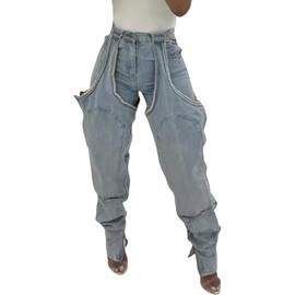 Tbahhir Women's Baggy Ripped Denim Jeans High Waisted Patchwork Boyfriend Wide Leg Distressed Stretchy Pants Y2K Streetwear Blue
