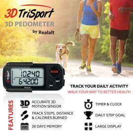 Realalt 3DTriSport 3D Pedometer, Accurate Step Counter with Clip and Strap (Black)