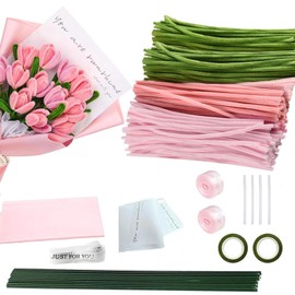 HSMHLYYB Rosa Tulip Pfeifenreiniger Blumen Set, 400 Stück Pfeifenputzer Zum Basteln Blumen, Pfeifenreiniger Zum Basteln, Mit Grüne Blumenstöcke, Klebebandrollen, Bänder, Für DIY Bastelns Dekorieren