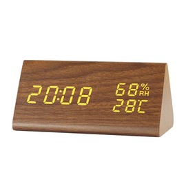 VABOO Digital Alarm Clock,LED Wood Digital Alarm Table Clock Date Temperature Humidity Display 12 / 24Hours,LED Alarm Clock, Digital Wooden Clock, Multi-Function Alarm Clock,Voice & Touch Activated