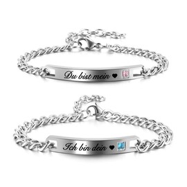 Zysta Adjustable Couple Bracelet with Engraving Cubic Zirconia Couple Bracelets Stainless Steel Gift for Men and Women (Du bist mein, Ich bin dein)