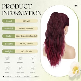 Sofeiyan Ponytail Hairpiece with Drawstring, Wavy Curly Ponytail Extension, 45 cm, Beach Ponytail Braid Extension, Synthetic Hairpiece for Women, Black Mixed Burgundy