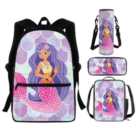 Dreaweet Mermaid Backpack for Girls Age 6-8 with Lunch Bag and Water Bottle Sleeve Pencil Case Preschool Bookbag and Lunch Box Set Kawaii School Book Bag and Lunchbox 4 In 1
